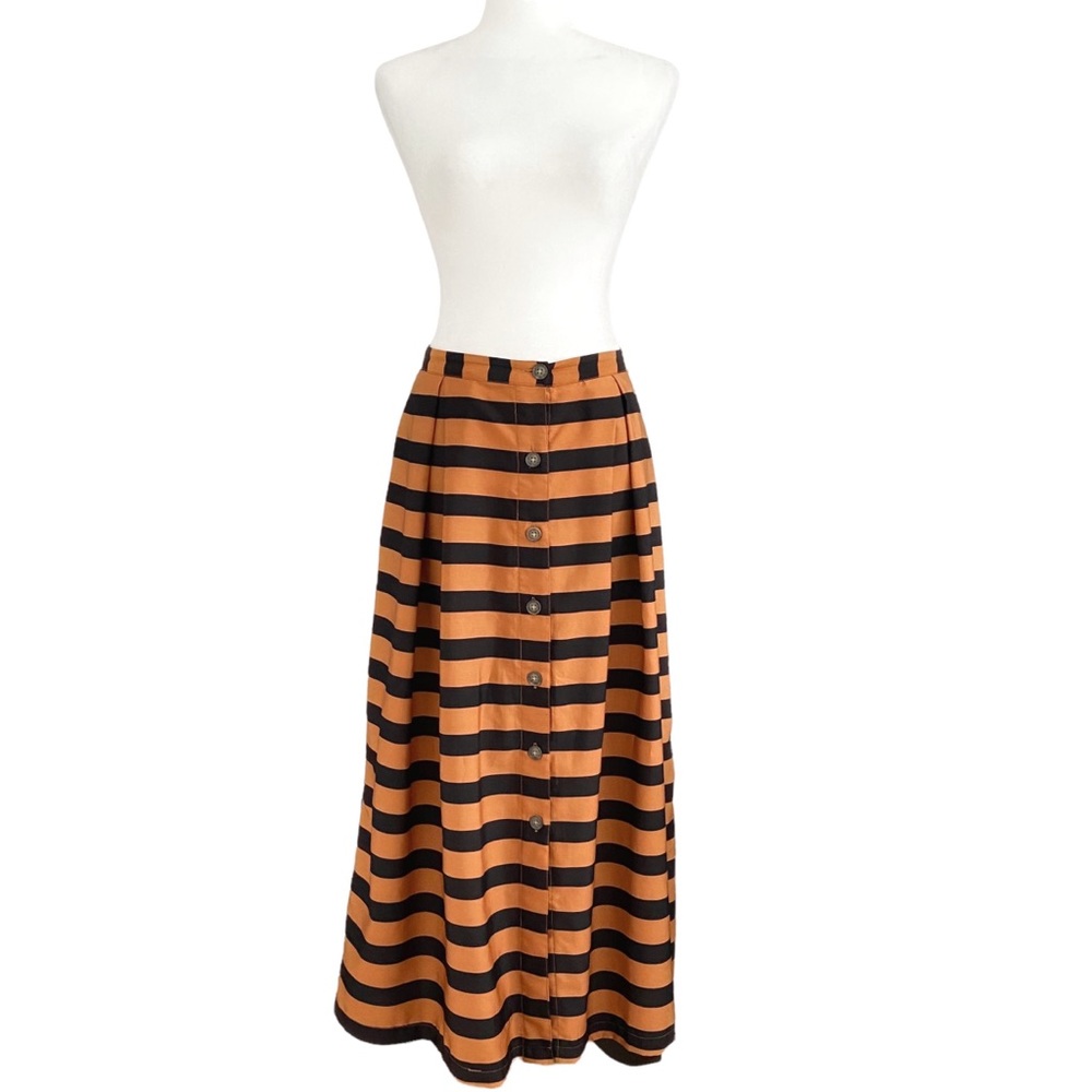 WHO WHAT WEAR ORANGE BLACK STRIPED BUTTON FRONT HIGH WAISTED MIDI SKIRT - 6